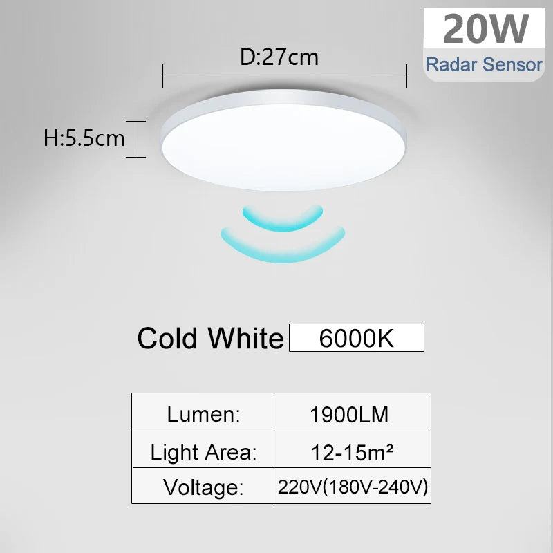 220V Radar Motion Sensor LED Ceiling Light - Cold White Flush Mount Lamp