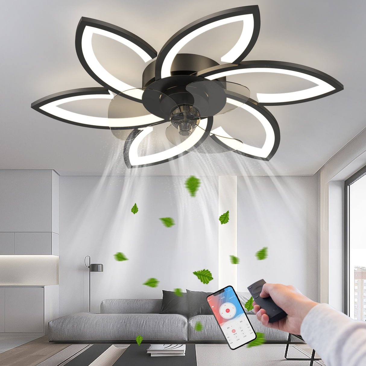Modern led quiet ceiling fan with light with remote control/app timer creative 6 lights design fan with lamp,