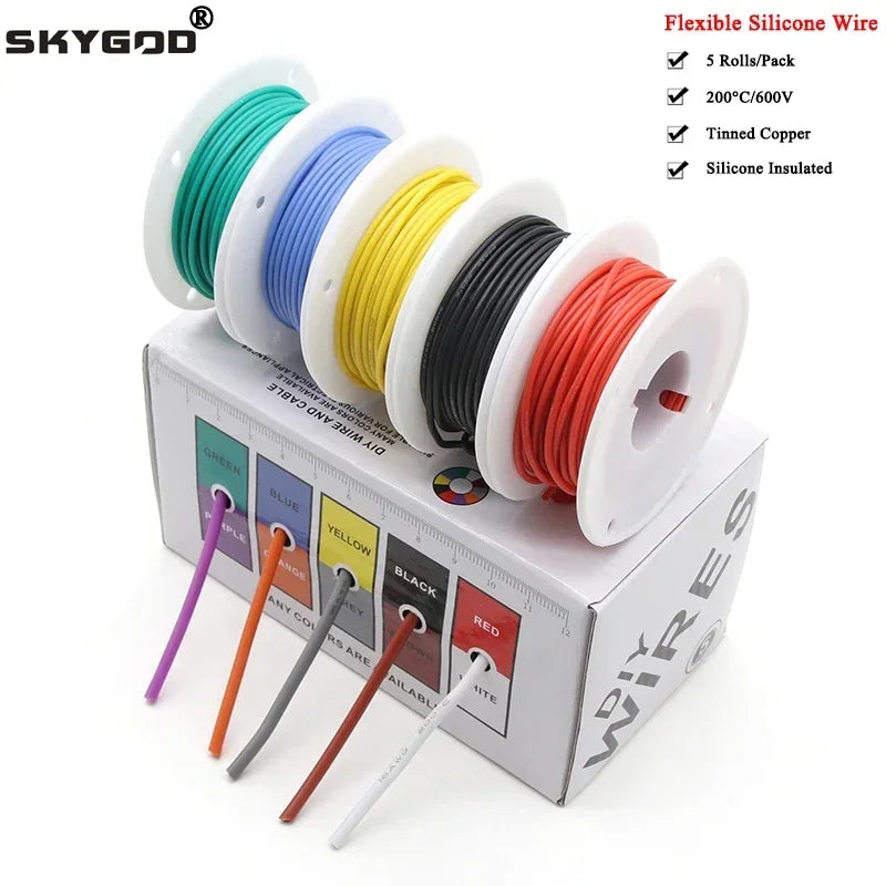 Heat Resistant Flexible Silicone Wire 5 Colors Mix Kit - 30/28/26/24/22/20/18/16AWG Stranded Cable Electrical Tinned Copper Wires