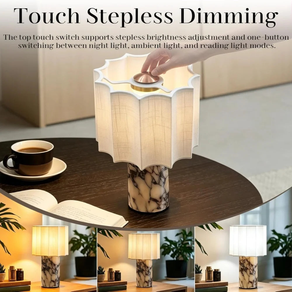Marble Touch Table Lamp USB Rechargeable Cordless Bedroom Bedside Small Glow Night Light Stone Base and Linen Fabric Shades
