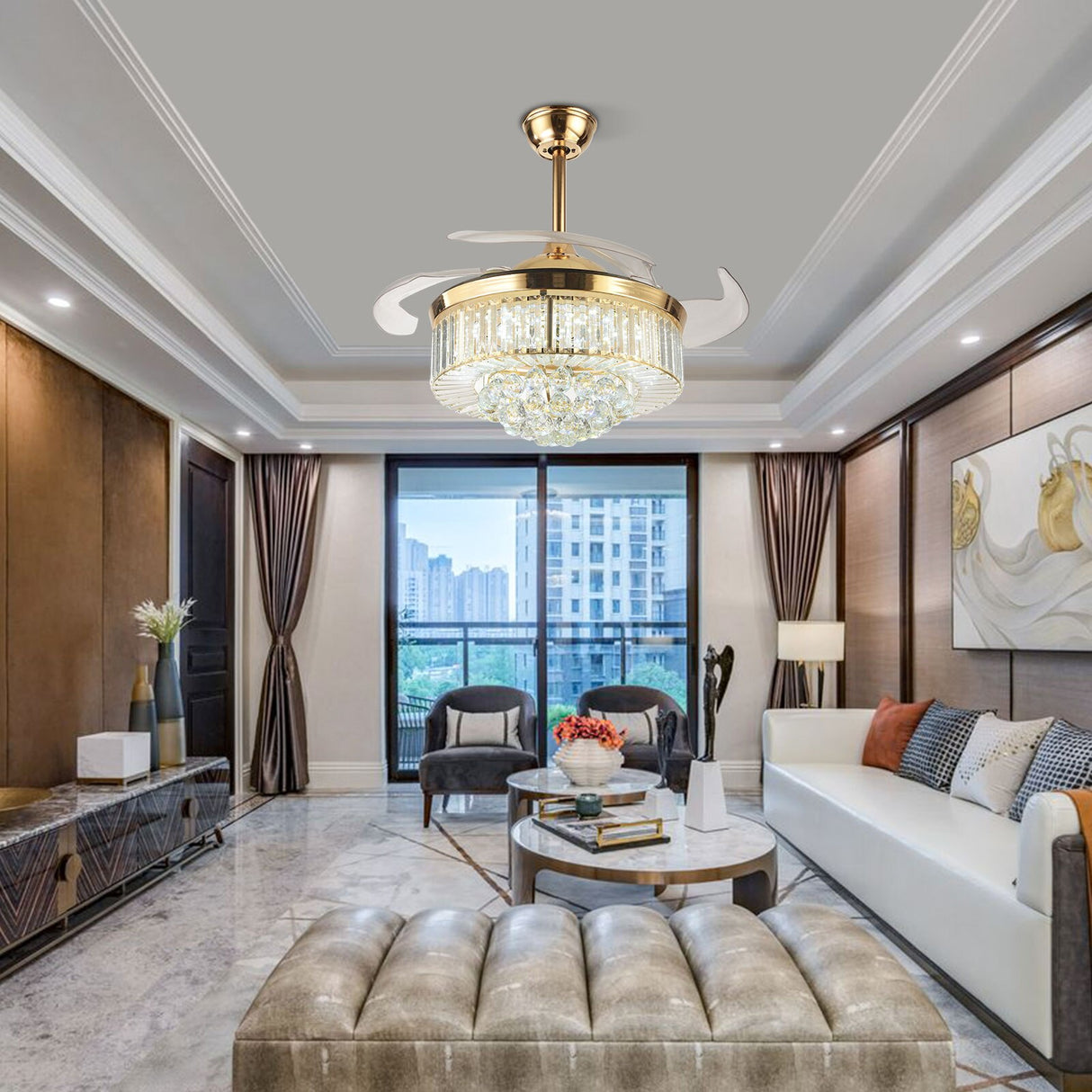 Modern Dimmable Fandelier Crystal Ceiling Fan with Lights and Remote Invisible Retractable Chandelier Fan Light LED Lighting