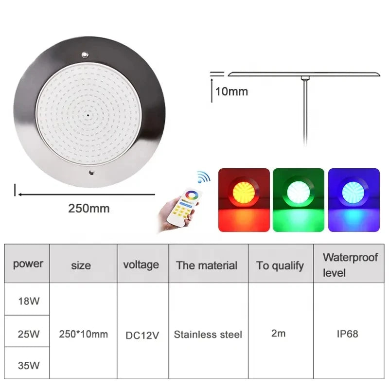 Ultra-Thin 18W 35W Stainless Steel Underwater Pool Lights RGB DC12V/24V Phone Tuya WIFI Controller Music IP68 Pipe Piscina Lamp