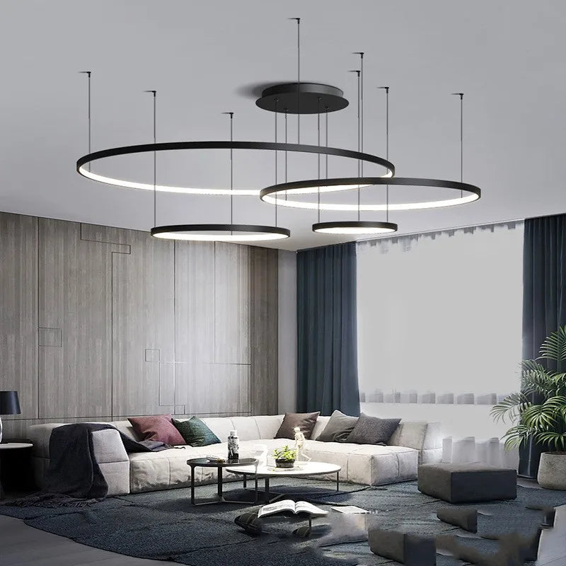 Modern Annular LED Pendant Lights for Living Dining Room Food Tables Kitchen Hall Black Chandelier Home Decor Light Fixture