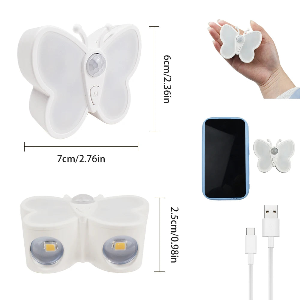 Acrylic Butterfly Motion Sensor Night Light USB Rechargeable Dimmable LED Wall Lamp for Bedroom Living Room Stair Lighting