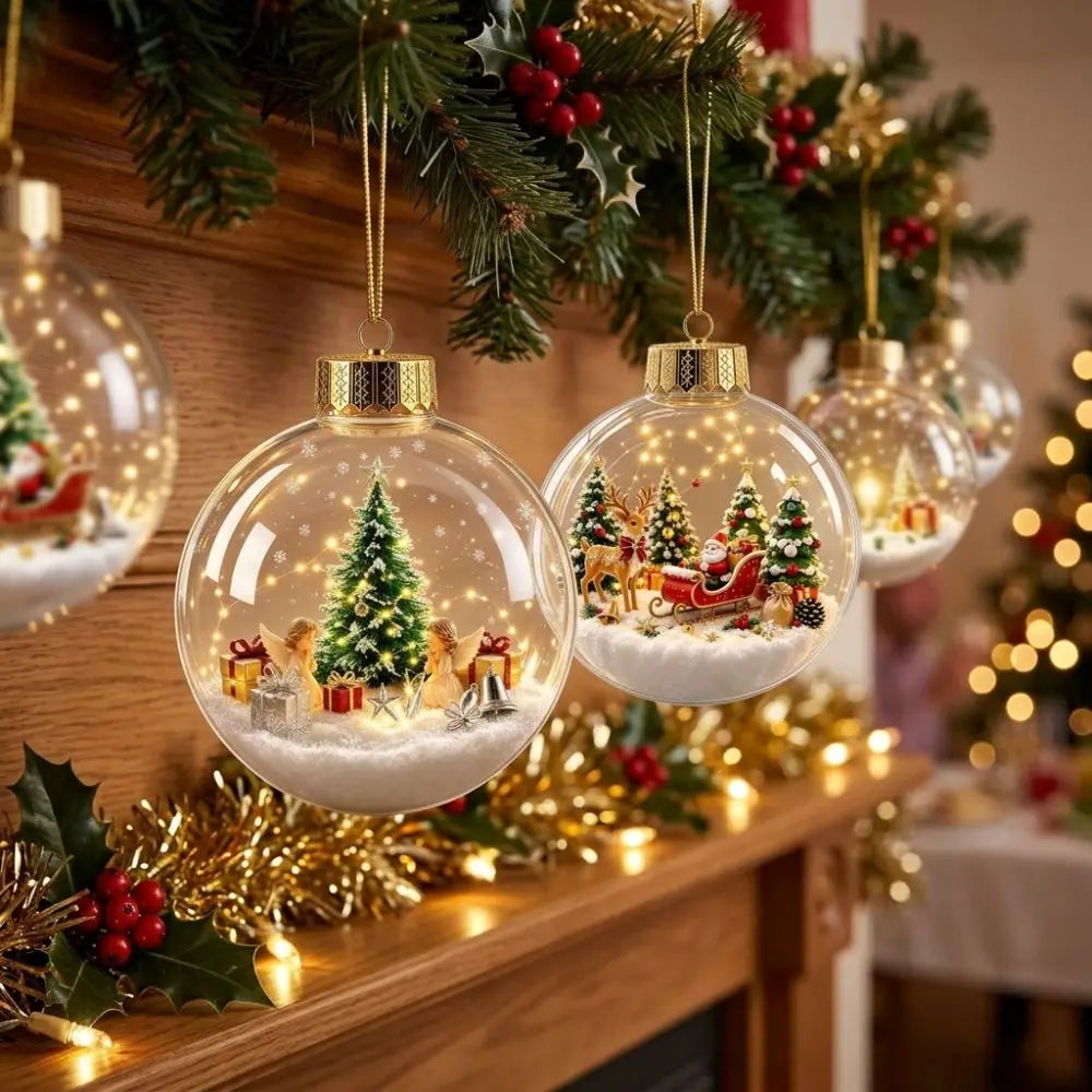Clear Acrylic Lighted Christmas Ball Ornament Mini Interior Scene Warm LED Light-Up Tree Hanging Bauble Cartoon Shock-Resistant