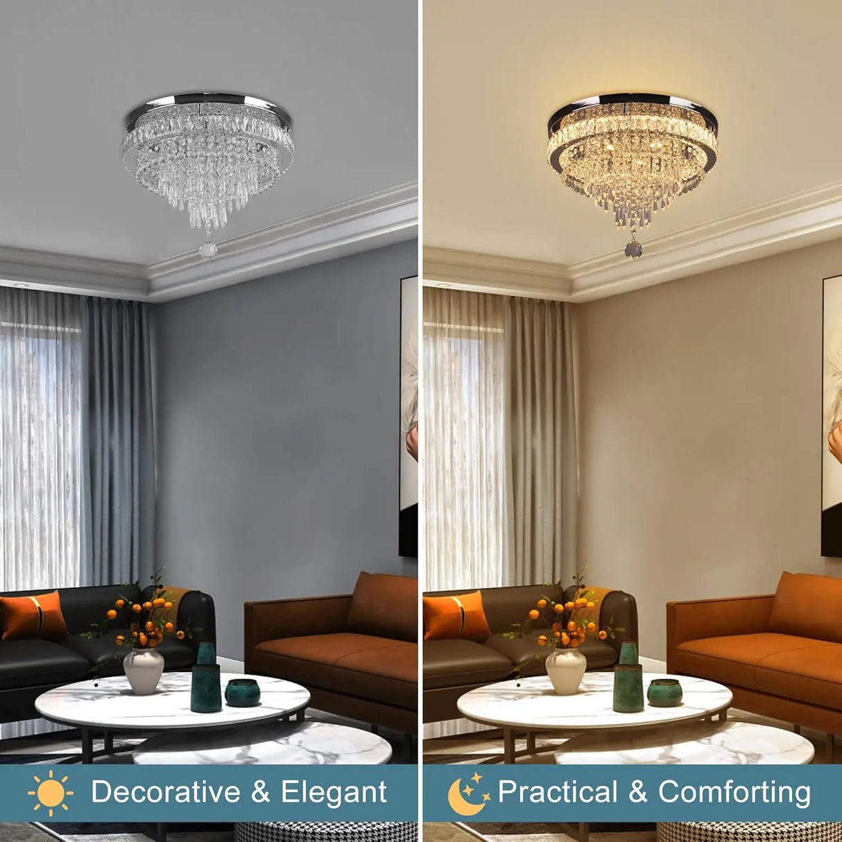 19.7" Modern Crystal Chandelier Ceiling Light LED Chandeliers Flush Mount Ceiling Light Fixture for Bedrooms Living Dining Room