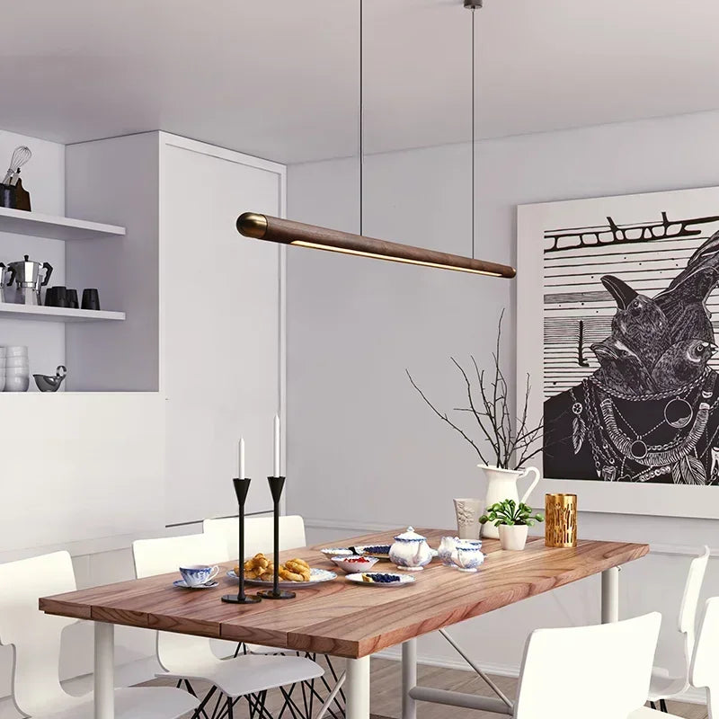 Wood Linear Pendant Light Fixtures Copper Over Kitchen Island Sink Ceiling Hanging Chandeliers for Dining Room Living Walnut