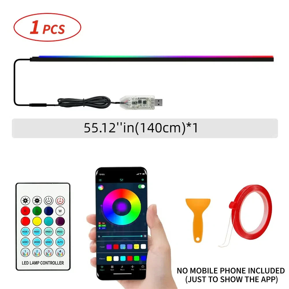 140cm USB Dreamcolor Acrylic Interior Car LED Strip Light with Wireless APP 55’‘RGB Music Fiber Optic Car Ambient Lighting Kit