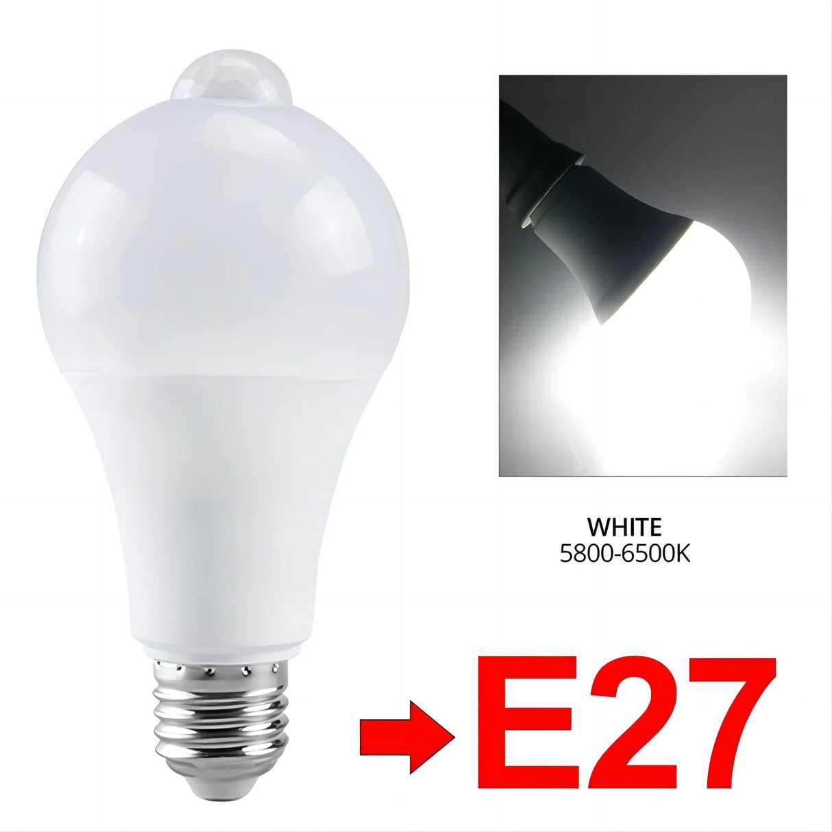 85-265V Led Light Bulb with PIR Motion Sensor E27 E26 B22 12W White Lamp Smart Bulb for Porch Garage Stairs Hallway Dusk to Dawn
