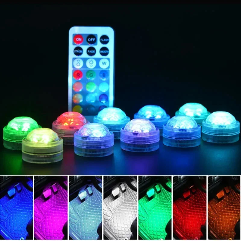 1-10PCS Car Wireless Adhesive LED Car Interior Ambient Light Remote Control Decor Auto RGB Interior Atmosphere Light Decorative