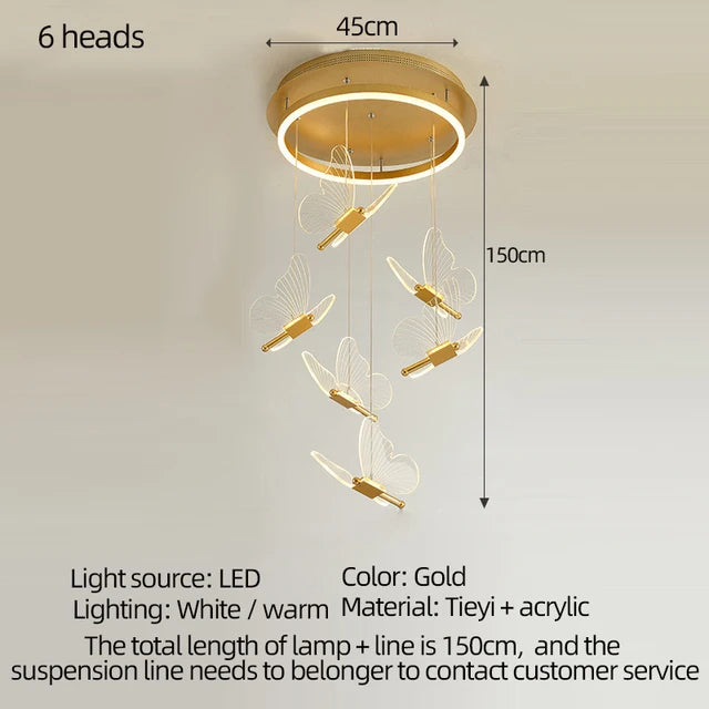 Butterfly Acrylic LED Pendant Chandelier Bedroom Bedside Background Hanging Ceiling Light Fixture