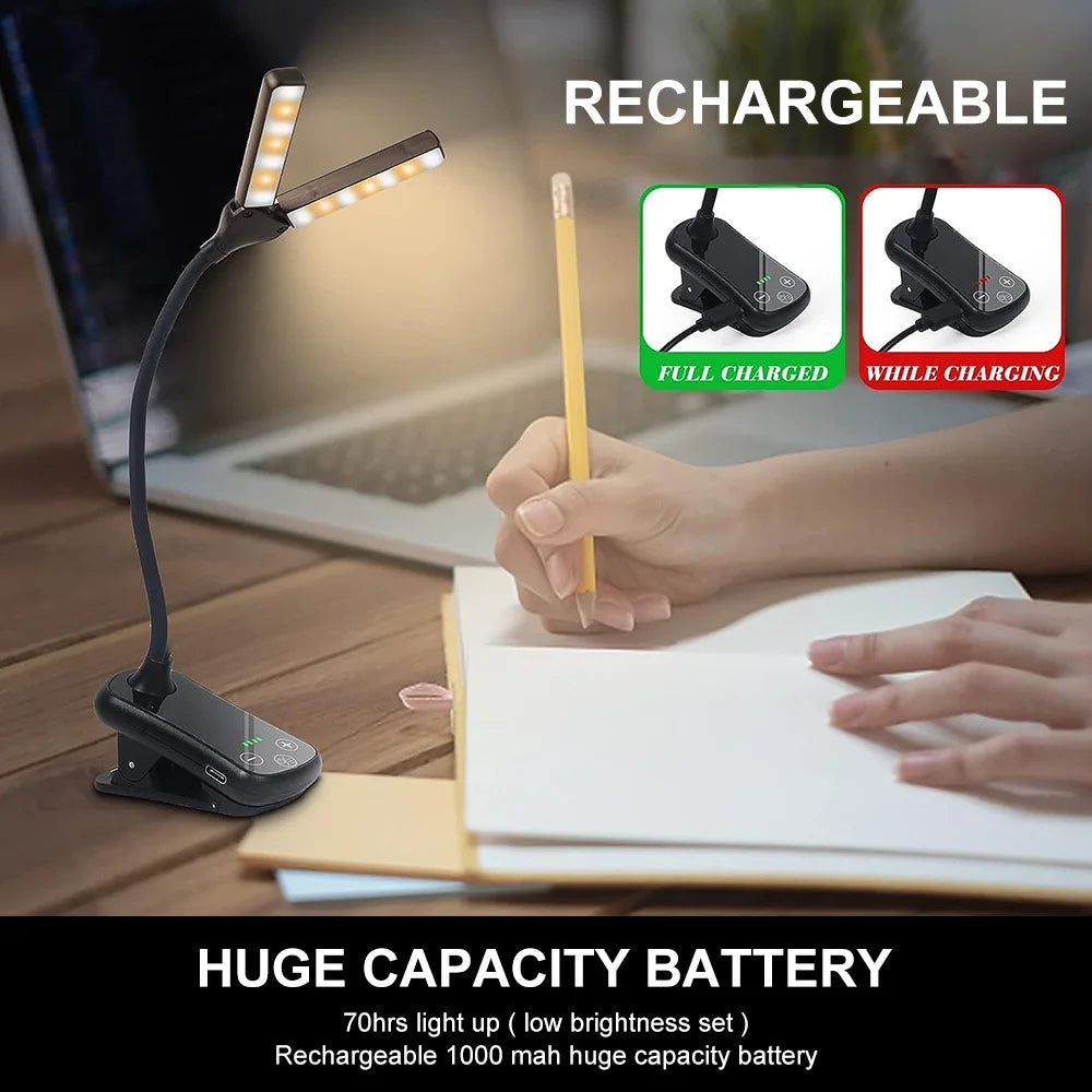 LED Clip On Book Light 3 Colors 8 Brightness Usb Rechargeable Portable Reading Light Night Light Book Lamp Mini Desk Lamp