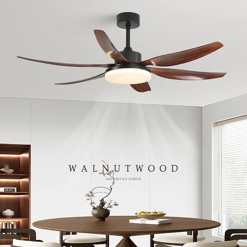 Vintage Walnut Wood Ceiling Fan with Light - French Retro Fan for Living Room