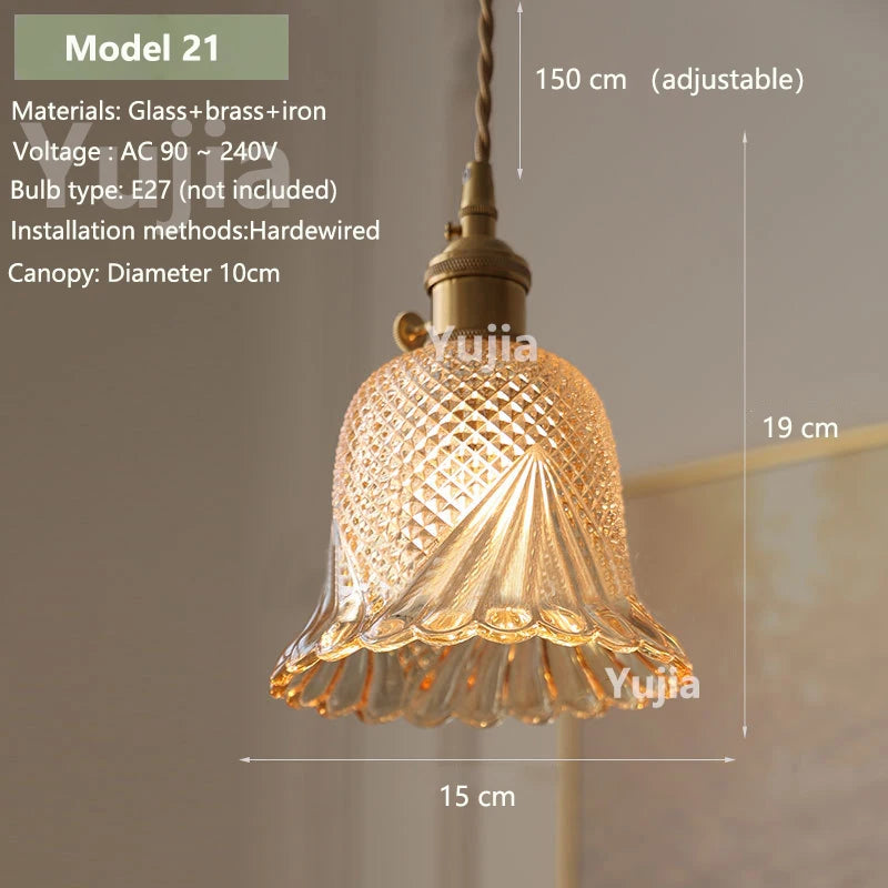 Vintage Amber Glass Pendant Light - Retro Brass Adjustable Hanging Hanging Lamp