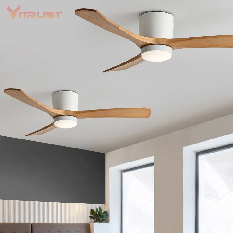 Nordic Frequency Conversion Wooden Ceiling Fan Home Decorative Ceiling Fan with 3 Solid Wooden Fan Blade Support 110-240V