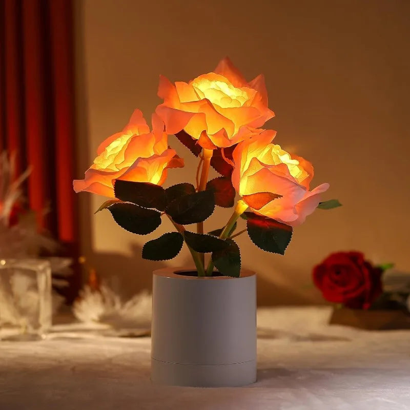 Pink Rose Flower Cordless Touch Lamp LED Artificial Flowers Gifts for Her Wife Girlfriend Small Table Lamp Night Light