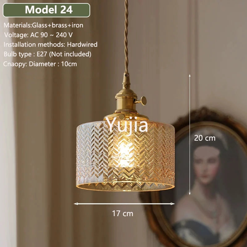 Vintage Amber Glass Pendant Light - Retro Brass Adjustable Hanging Hanging Lamp