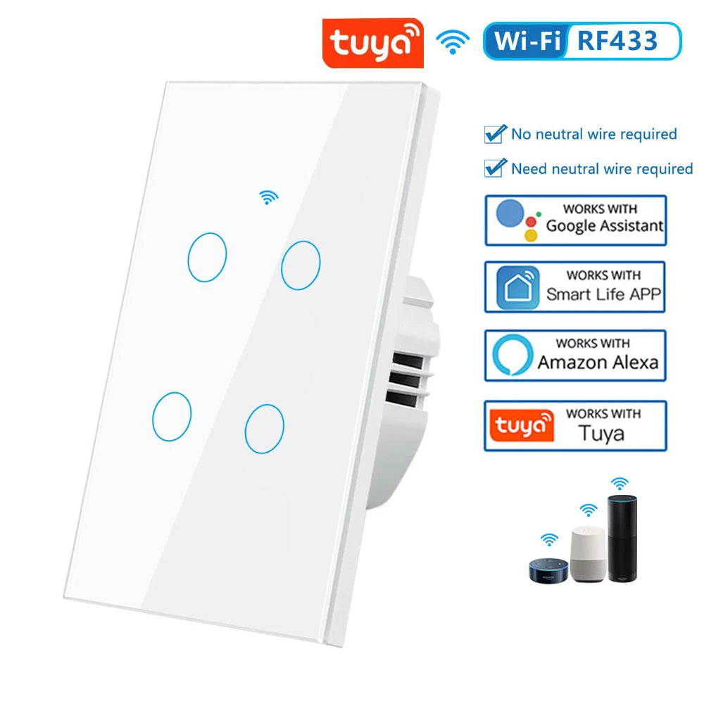 WiFi Smart Touch Light Switch (No Neutral Required) - RF433 Remote Wall Switch