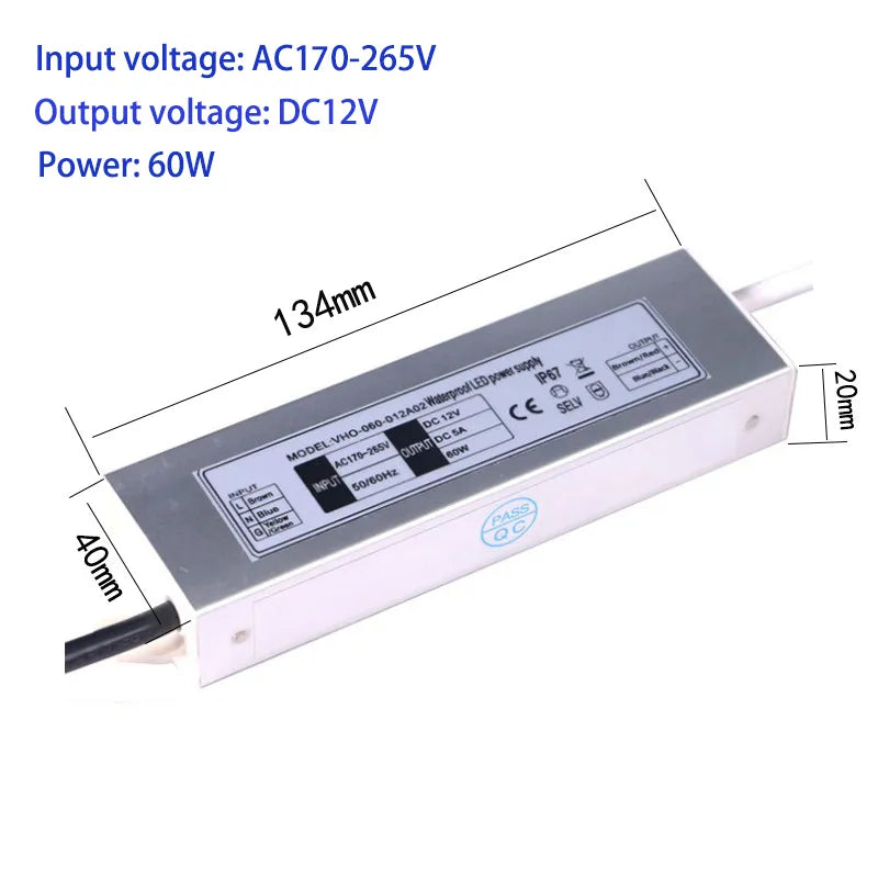 LED Waterproof Power Supply Input AC100-265V Output 12V 1A 12W/1.68A 20W /2.5A 30W/ 3.75A 40W /5A 60W /Transformer Driver