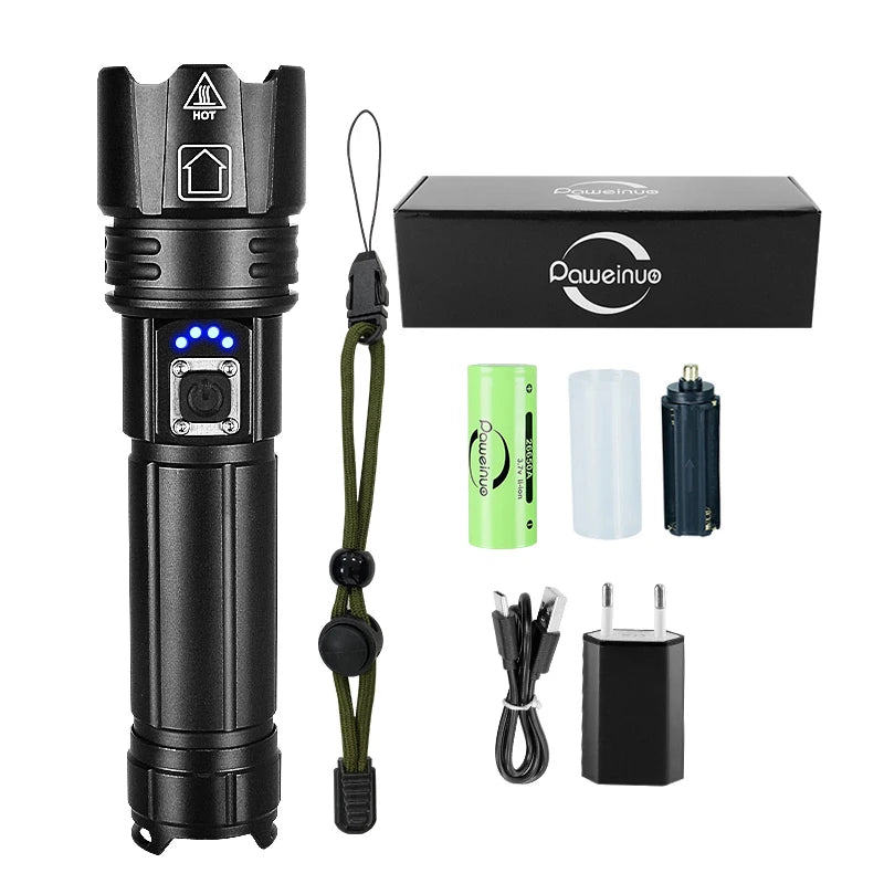 New Super Flashlights Torches Ultra Powerful Flashlight USB Recharge Flash Light 12000MAh LED Flashlight Zoom Tactical Lantern