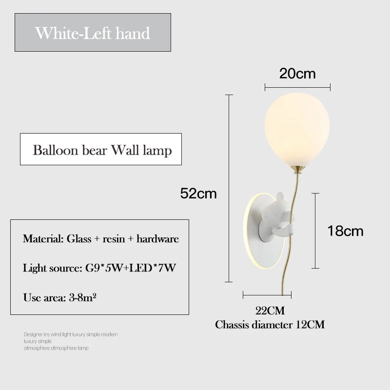 Pink Balloon Bear Wall Lamps Cute Children's Room Lamp Modern Warm Princess Room Nursery Girl Boy Bedroom Bedside Wall Lights