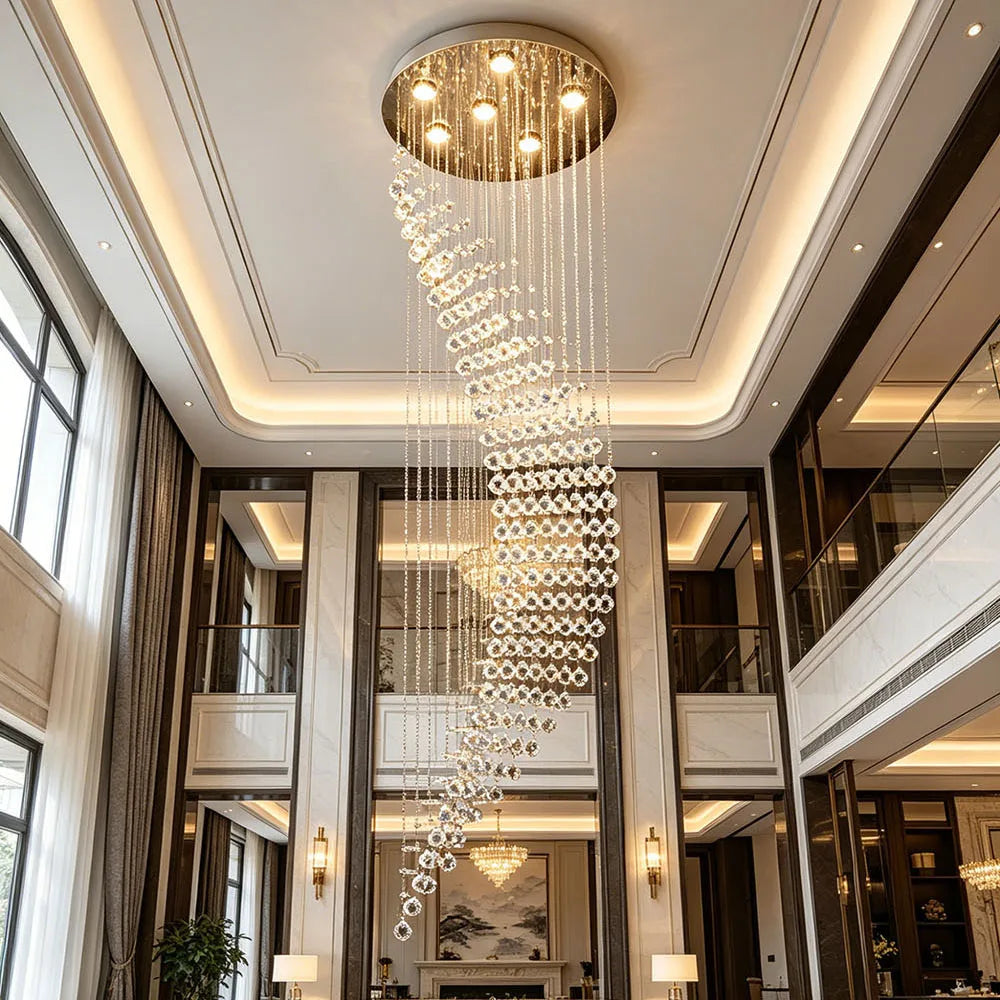 Modern Spiral Long Crystal Chandelier High Ceiling Stairwell Pendant Light Duplex Villa Indoor Decor Lighting