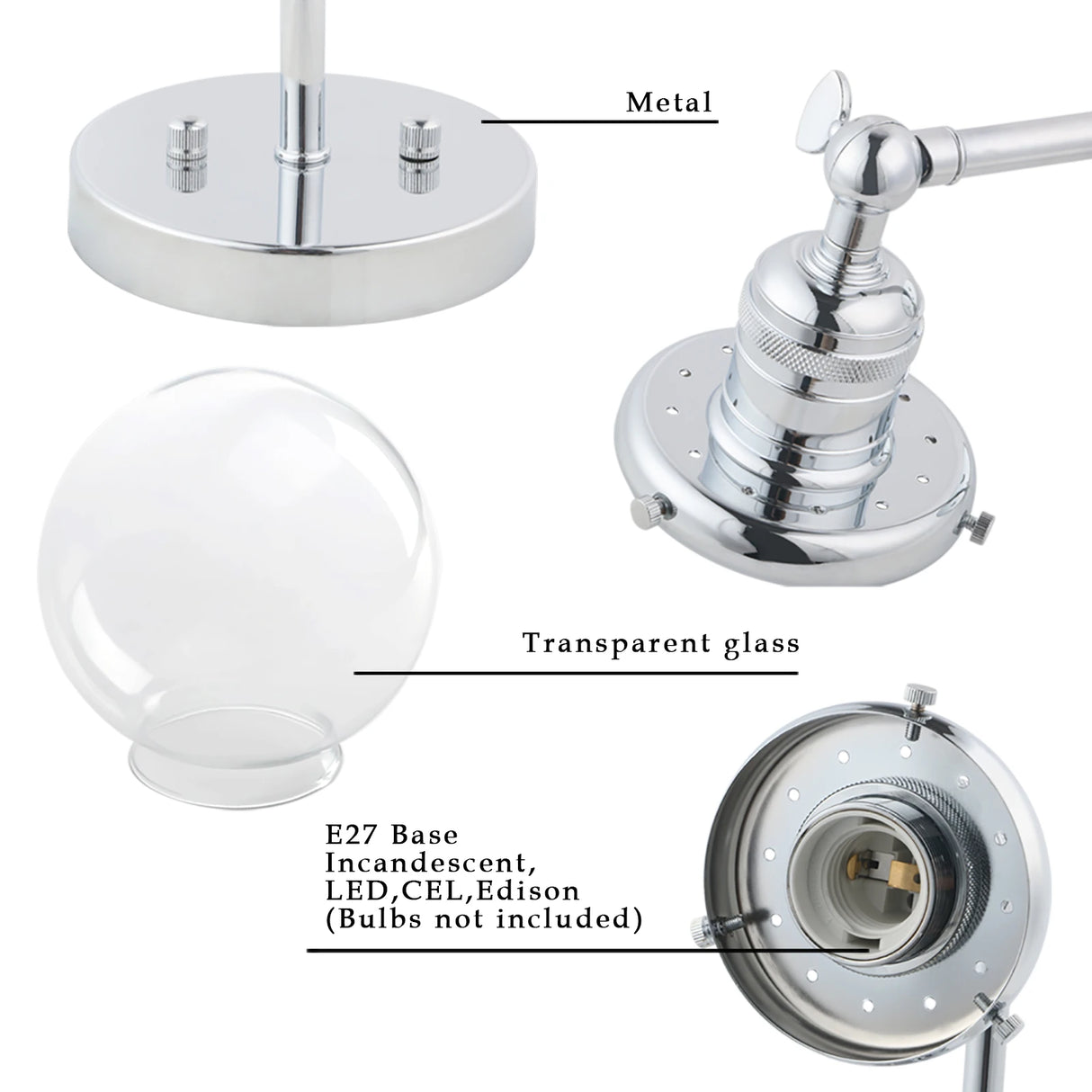 Vintage Industrial Wall Sconce Lighting Fixture with Mini 5.9" Round Clear Glass Globe Hand Blown Shade