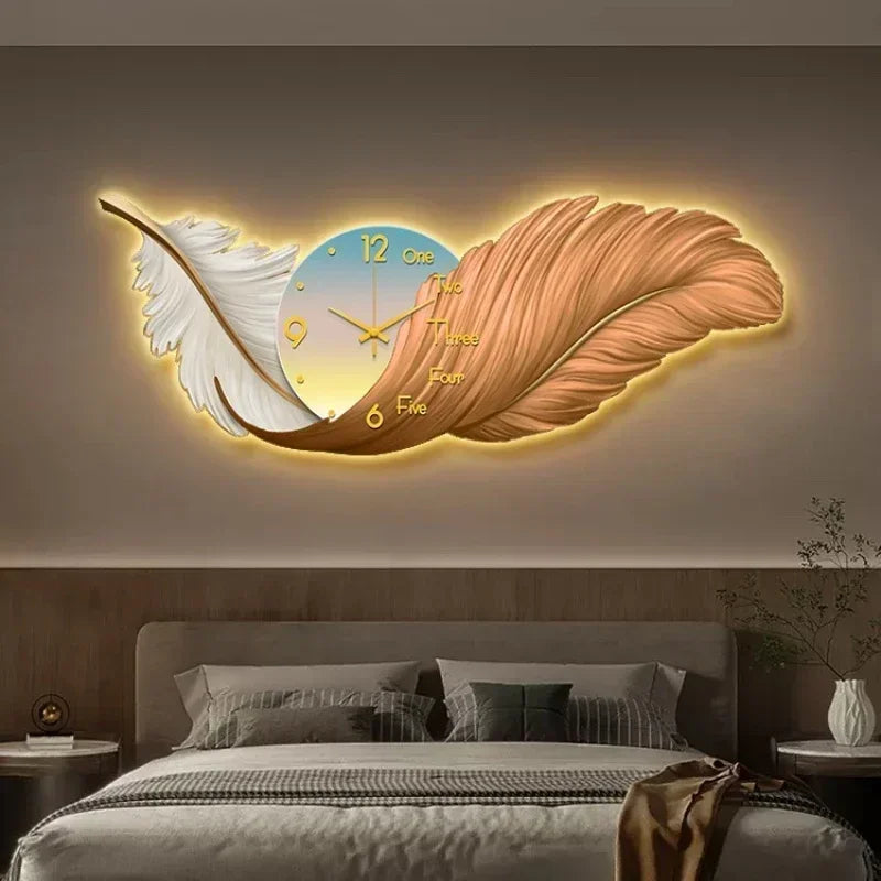 LED Wall Clock Light Luxury Large Art Clocks Living Room Decors Painting Wall Watch Feather Silent Clock Renog Home Decoration