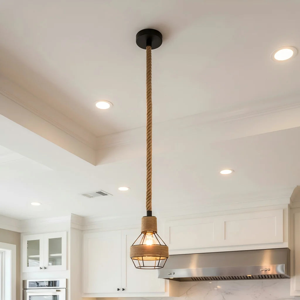 Industrial Loft Hemp Rope Chandelier - Vintage Dining Room Pendant Lamp