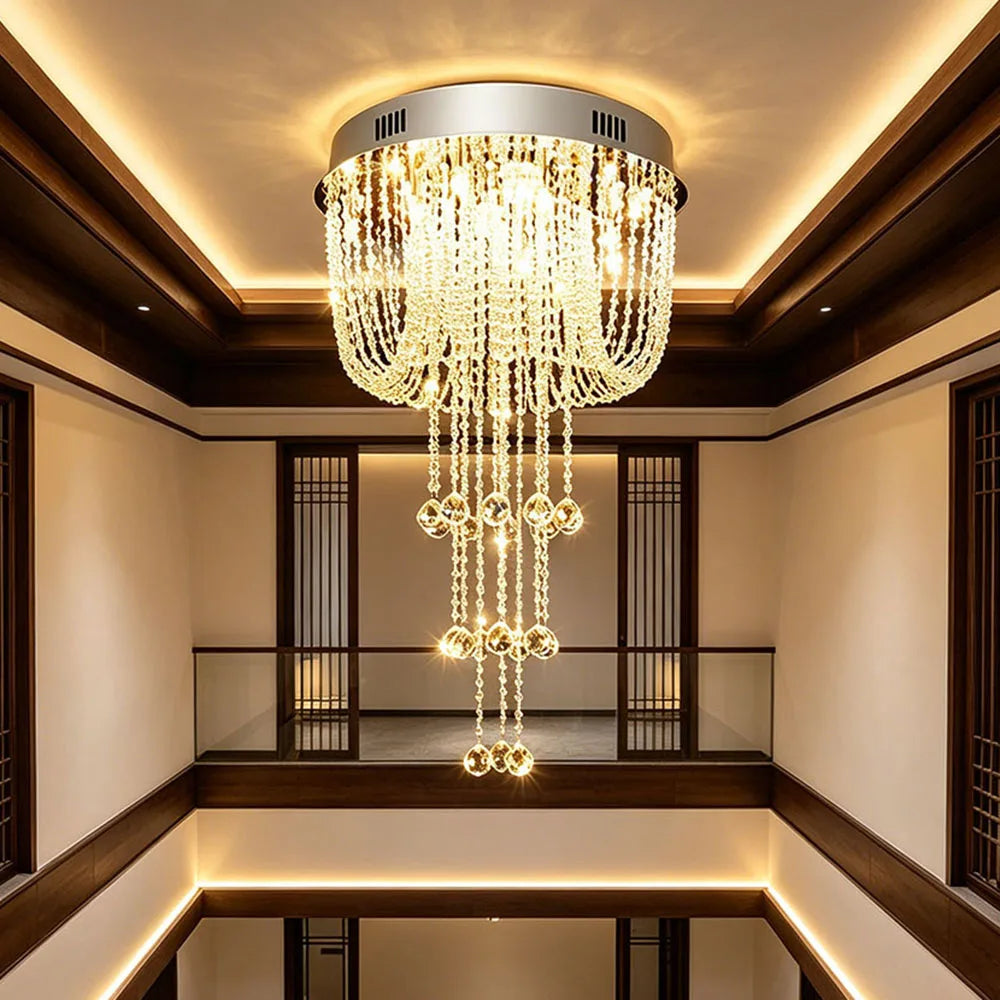 Luxury Raindrop Crystal Flush Mount Chandelier Long Vertical Design LED Ceiling Light For Duplex House Stairwell Entrance Hall