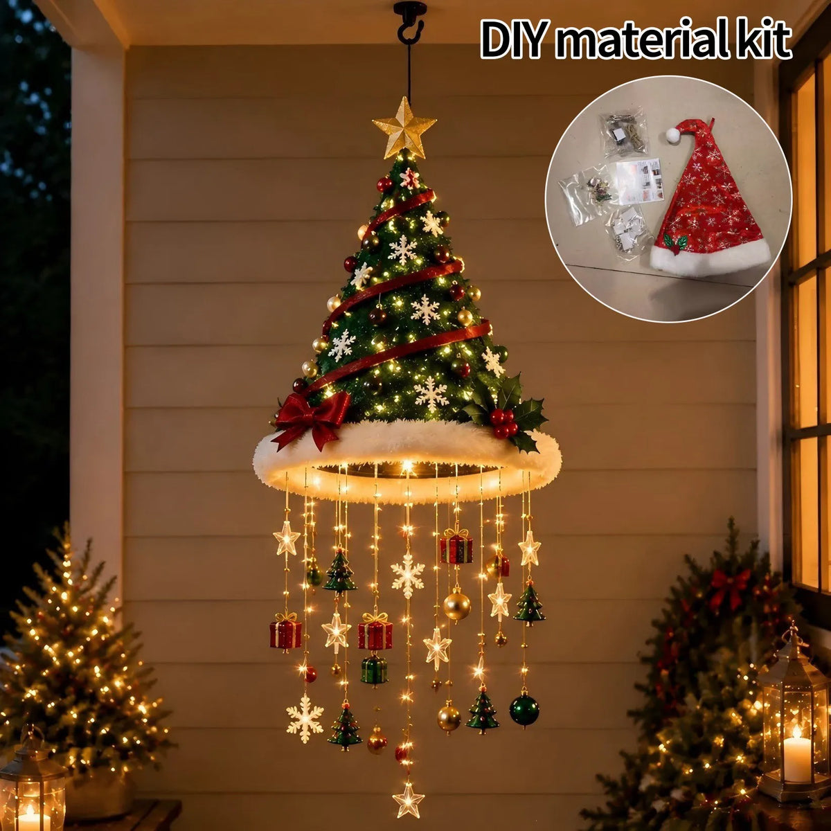Christmas Santa Hat Hanging Light LED Lamp with Christmas Pendants Winter New Year Party Home Wall Ceiling Decor Ornament