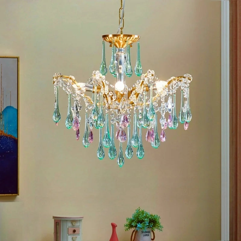 French Style Romantic Pink Green Crystal Pendant Lamp Colored Glass Full Copper/Iron Led Ceiling Light Living Room Bedroom Study