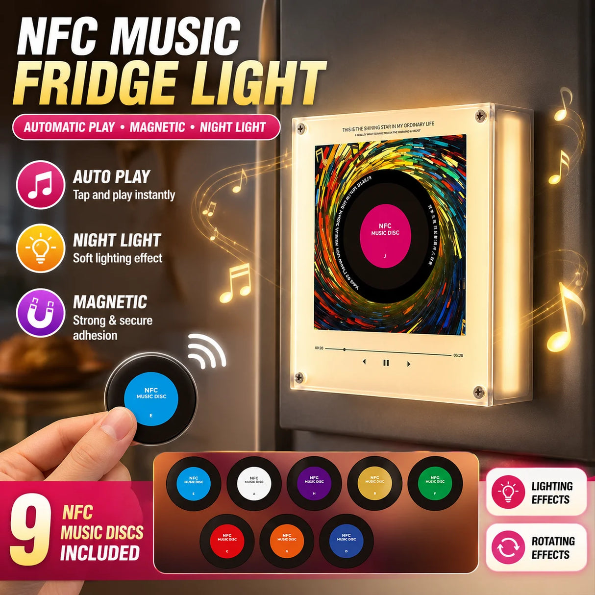 Smart Magnetic Music Vinyl Record Player Fridge Light - Touch-to-Play Album Magnet & LED Night Light Decor Lamp