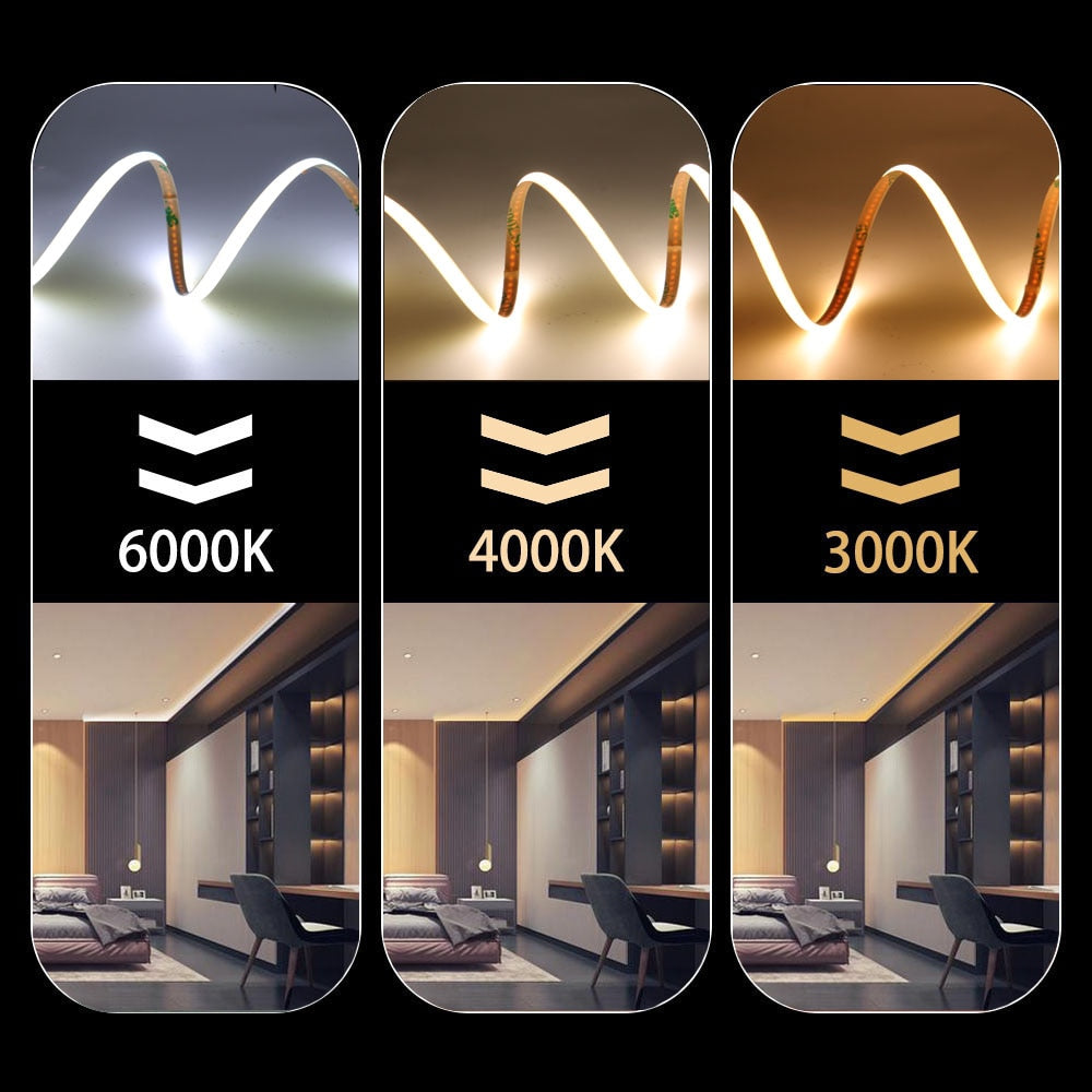 Super Thin 5mm COB LED Strip 384LEDs/m Soft Flexible DC12V/24V Light Bar Warm Cold White for Decor Lighting 3000K 4000K 6000K