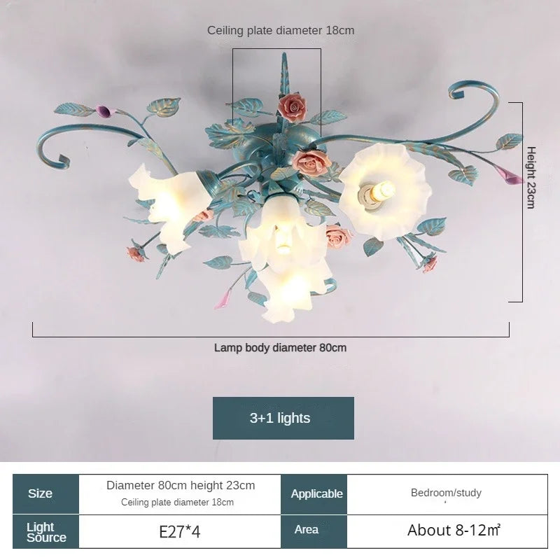Romantic Rose Flower Ceiling Lamp Pastoral Style Glass Flower Ceiling Chandelier For Bedroom Living Room Art Attic LED Lighting