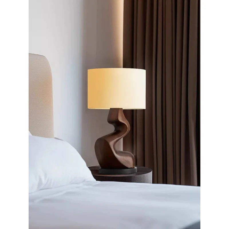 Modern Abstract Twisted Sculpture Table Lamp Resin Wood Grain Base Fabric Shade Bedside Ambient Light Home Decorative Desk Lamp