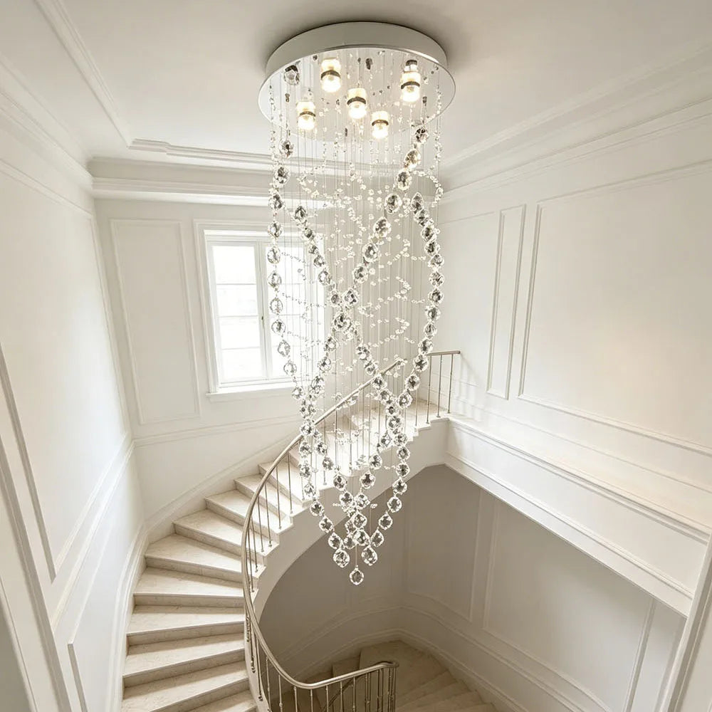 Elegant Multi Strand Waterfall Crystal Ceiling Lamp Long Vertical Crystal Chain Flush Mount Light For Large Living Room Stairwel
