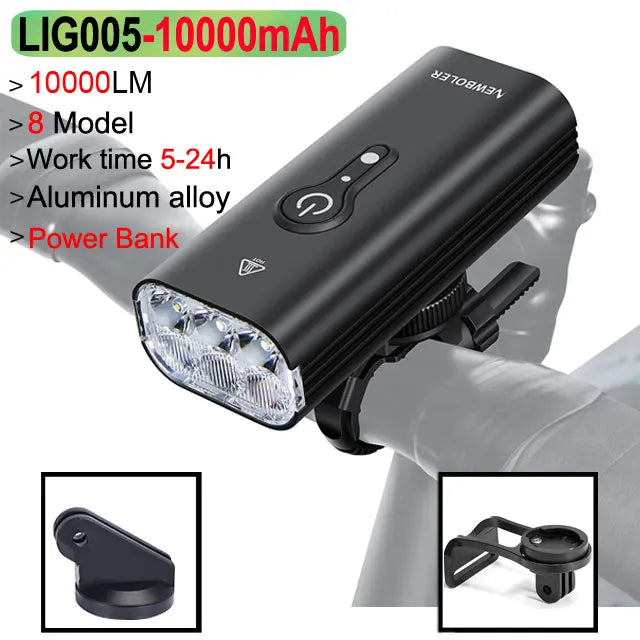 10000mAh Smart Bicycle Front Light (10,000 LM, USB-C) - Waterproof High-Lumen Headlight for MTB & Road Cycling