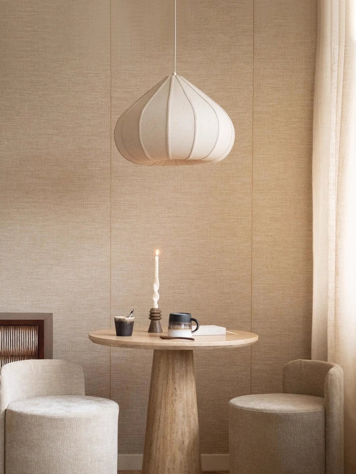 Japanese Wabi-Sabi Linen Pendant Light - Medieval Round Lantern Ceiling Art Lamp Fixture for Restaurant, Bedroom, Homestay & Dining Area