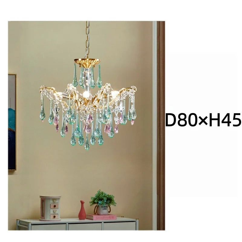 French Style Romantic Pink Green Crystal Pendant Lamp Colored Glass Full Copper/Iron Led Ceiling Light Living Room Bedroom Study