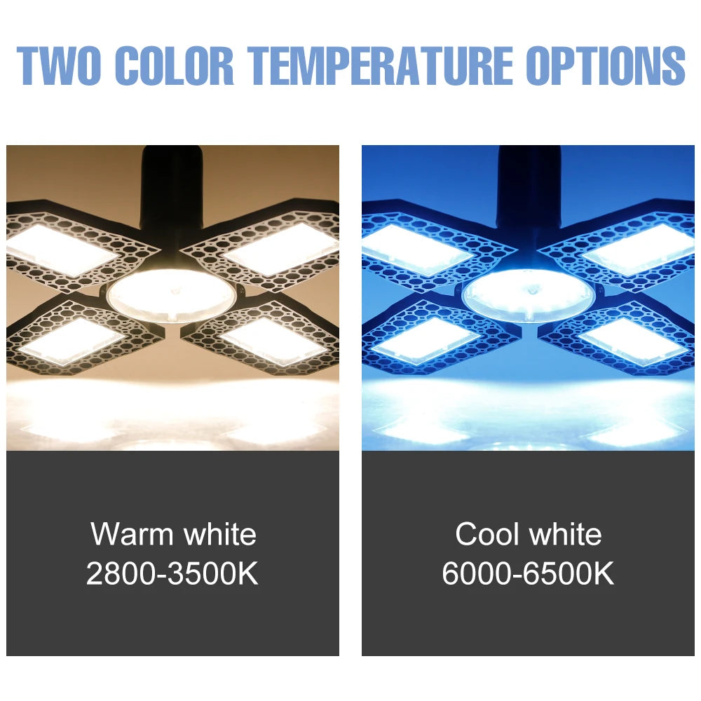 200W Deformable LED Garage Light (E26/E27) AC85-265V - Foldable High Bay Ceiling Lamp for Workshop, Warehouse & Basement