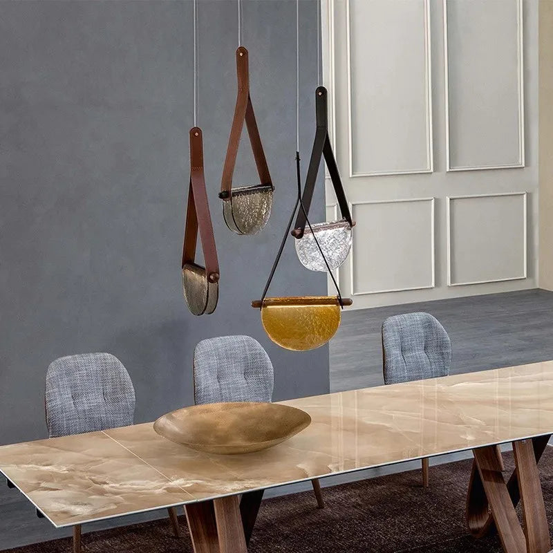 Nordic Leather Handmade Glass LED Lights Creative Belt Design Pendant Lamp for Bedroom Restaurant Designer Model Room Decor