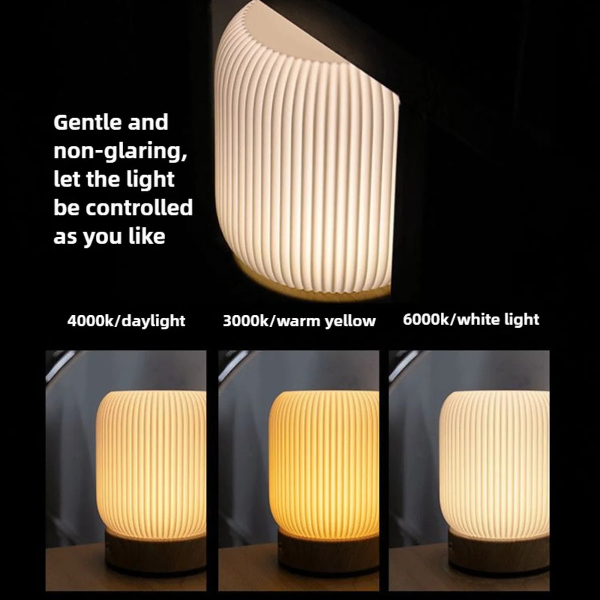Wood Grain Touch Bedside Lamp - Wireless Portable Night Light for Bedroom