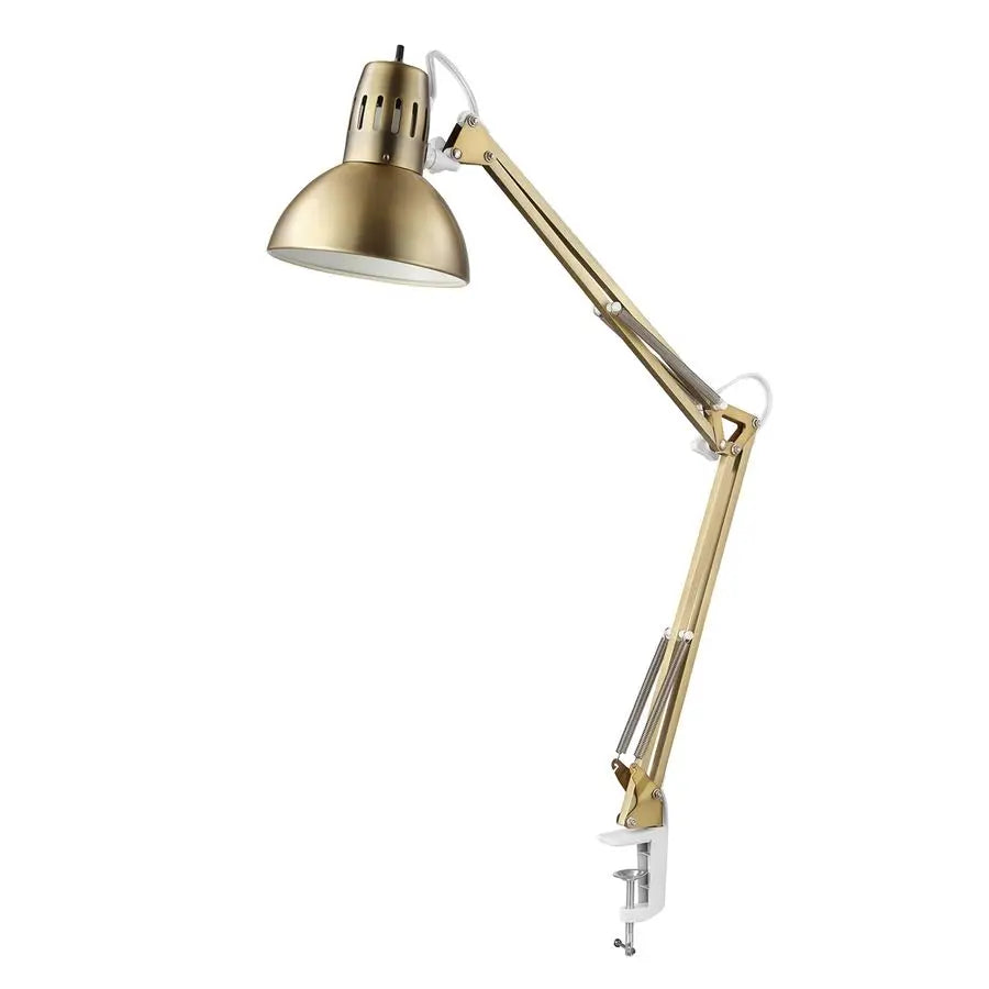 Electric 62000010 32 MultiJoint Desk Lamp with Metal Clamp, Matte Brass, White Accents, On Off Rotary Switch on Shade, Partially