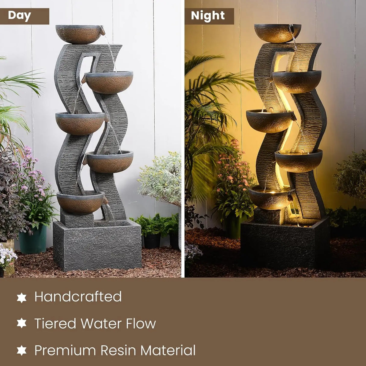 52.8" 6-Tier Outdoor Water Fountain with LED Lights, Large Cascading Resin Waterfall for Garden Patio Yard Deck, Custom