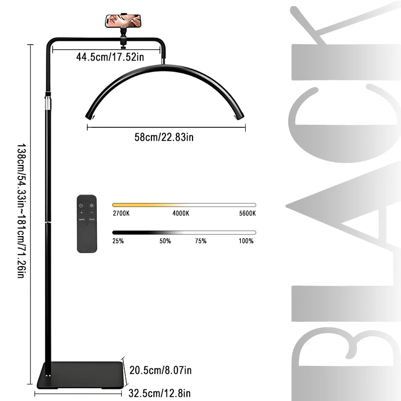 Half Moon Floor Standing Fill Light - 40W Dimmable LED Lash Light for Beauty Salons