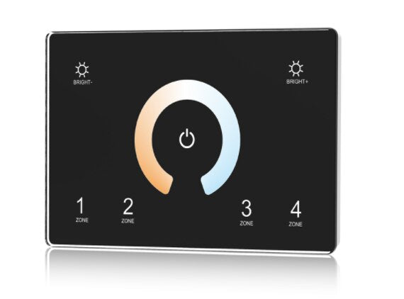 110-240VAC Input T11(IT) 4 Zones Dimming Glass Touch Panel DMX Master T12 CCT / T13 RGB / T14 RGBW DMX512 2.4G RF AC Controller