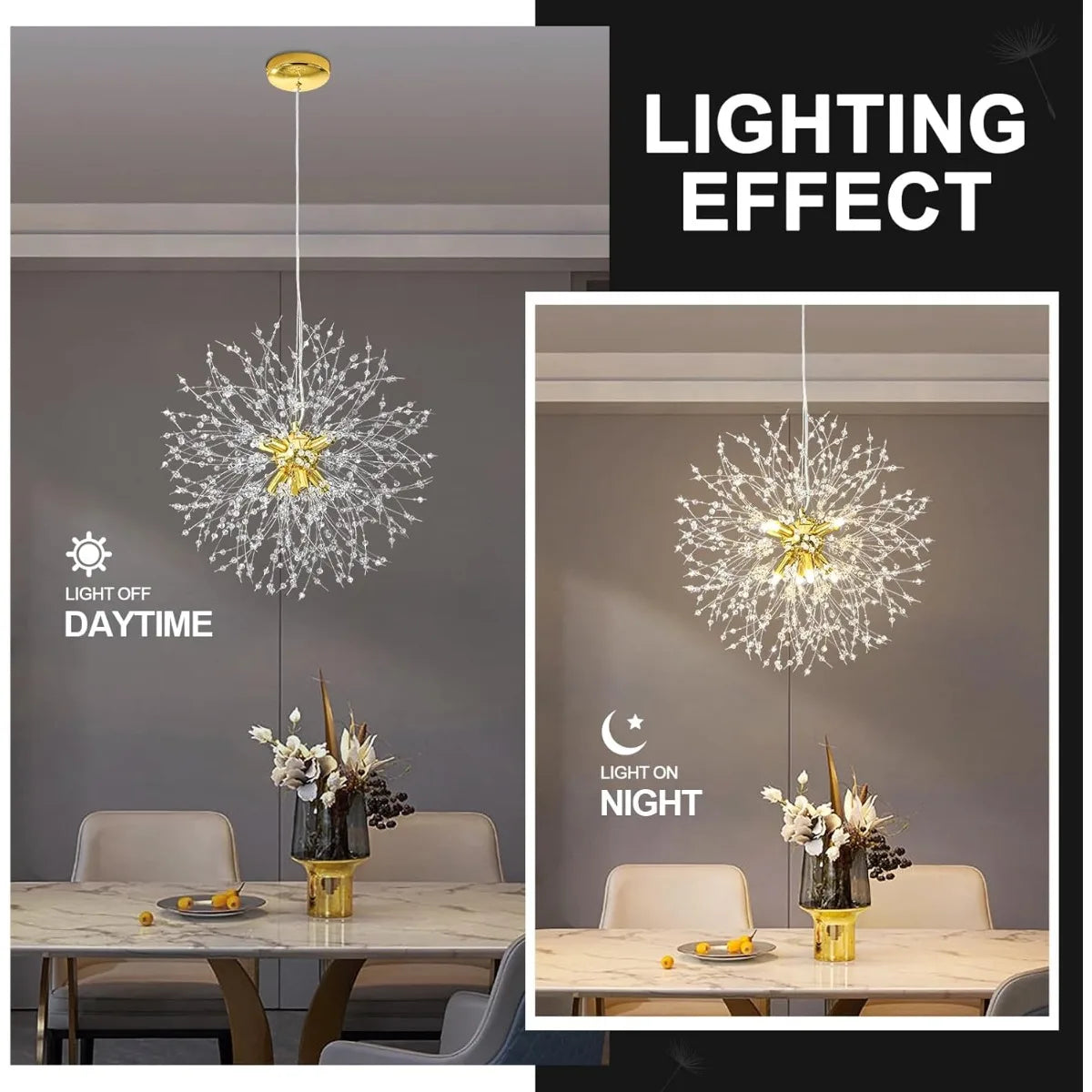 Modern Sputnik Firework Crystal Pendant Lighting 8-Light Gold Chandelier for Dining Room Living Room Bedroom Restaurant