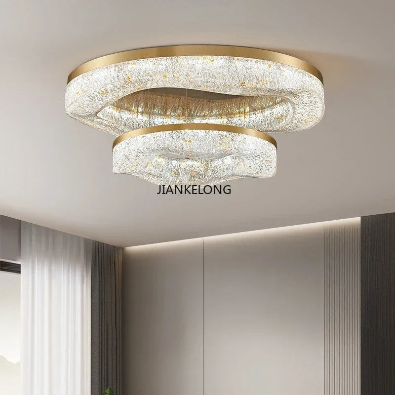 Modern Italian Luxury Living Room Crystal Ceiling Light, Golden Circular Copper Dining Room Home Decoration Lamp, LED Decoration