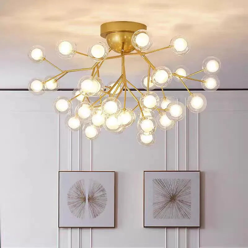 Nordic Golden Firefly Led Ceiling Chandeliers Creative Glass Bubble Light nordic Living Room Kids room decor Tree Branch Lights